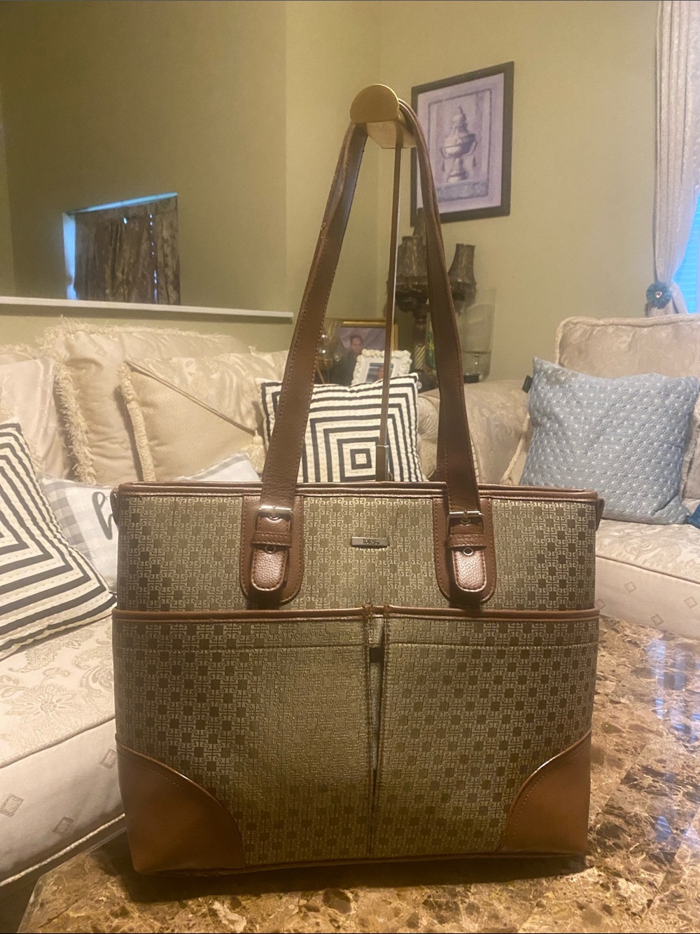 totes Beige and Brown Patterned Canvas Tote with Leather-Style Trim